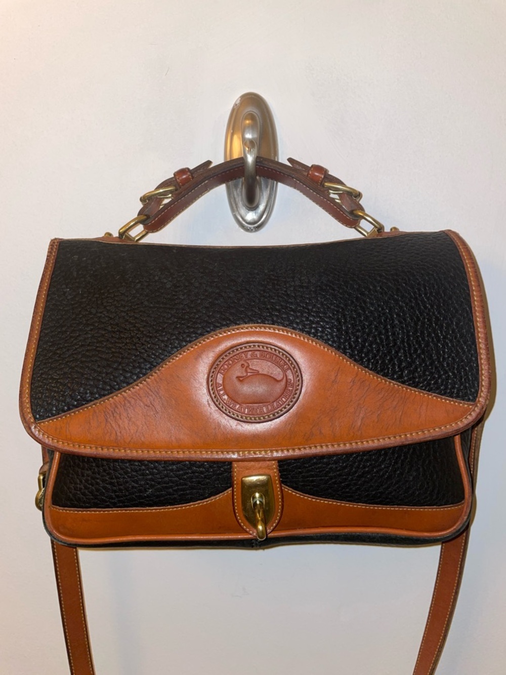 Vintage Dooney & Bourke Pebbled Leather Satchel Crossbody Black & Brown Classic